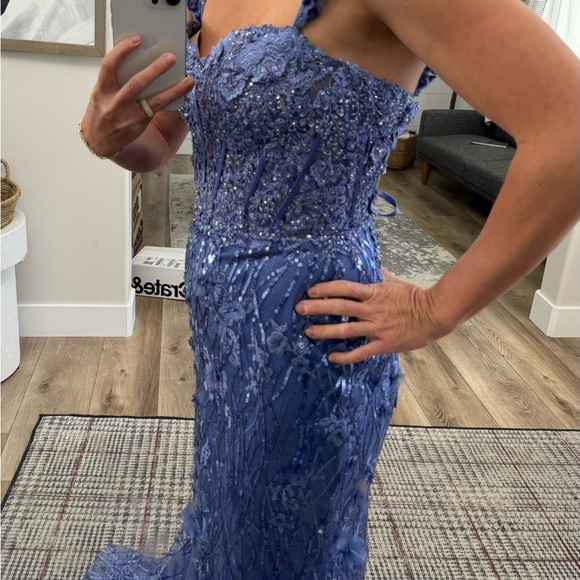 Periwinkle Sherri Hill Ruffle Sleeve Sequin Lace Dress - Picture 6 of 17